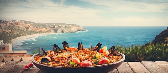 Fresh homemade seafood paella ready on the terrace Copy space image Place for adding text or design - obrazy, fototapety, plakaty