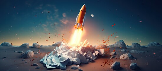 Entrepreneurial idea Rocket launching with paper trail Copy space image Place for adding text or design