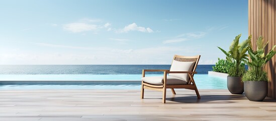 Fototapeta premium Deck with sea view in modern beach house or luxury villa Copy space image Place for adding text or design