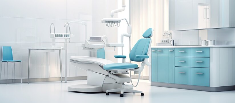 Empty dentist cabinet with white oral treatment equipment Modern medical chair Concept of interiors Copy space image Place for adding text or design