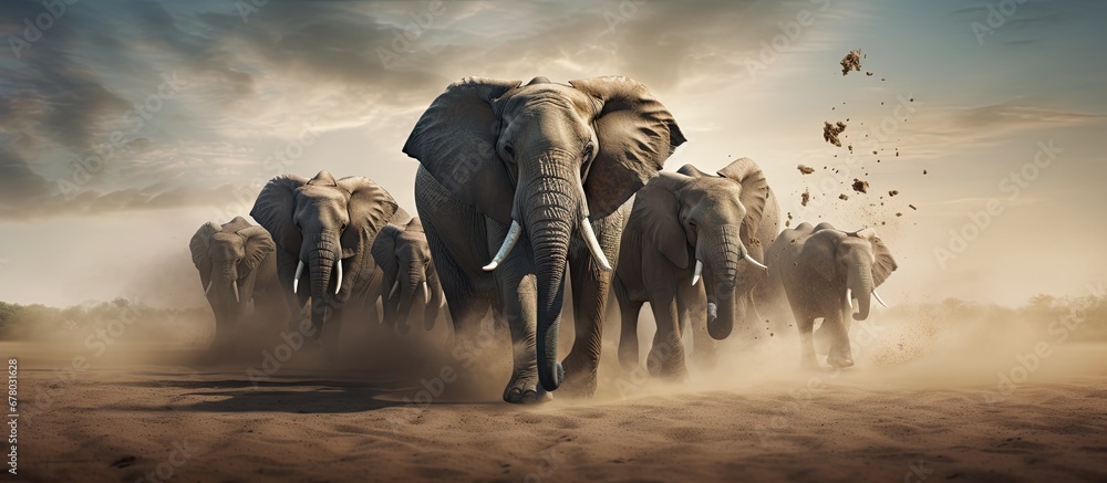 Poster elephants throw sand on their bodies to repel insects copy space image place for adding text or desi