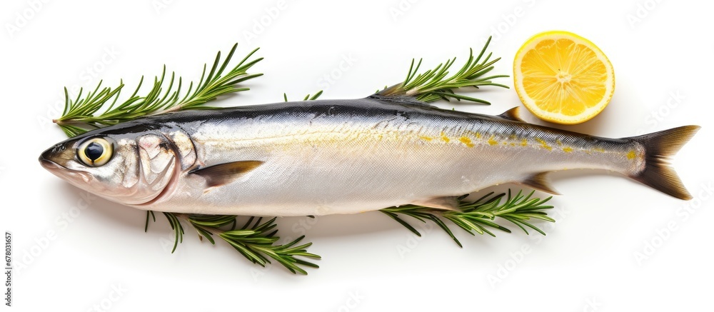 Poster fresh seafood mackerel fish with lemon and rosemary isolated on white background with clipping path 