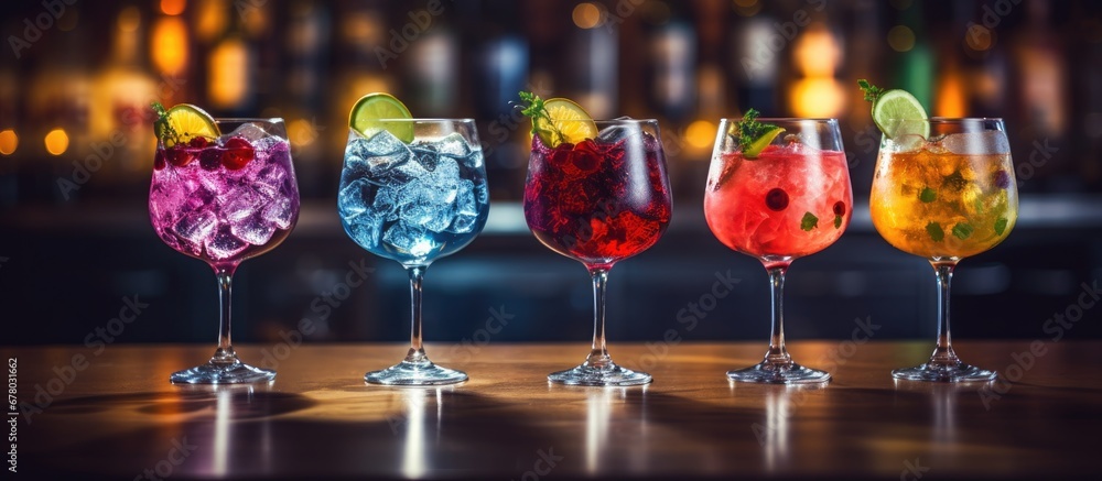 Poster five vibrant gin tonic drinks in wine glasses on bar counter in establishment copy space image place