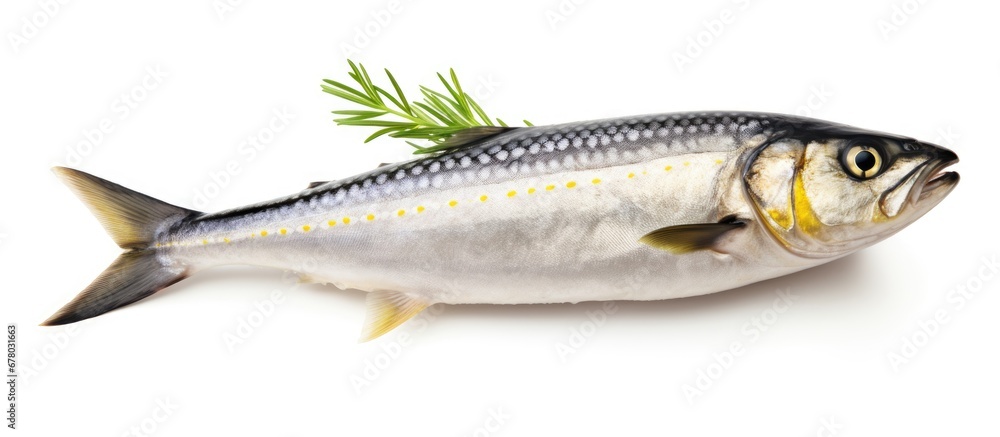 Poster fresh seafood mackerel fish with lemon and rosemary isolated on white background with clipping path 