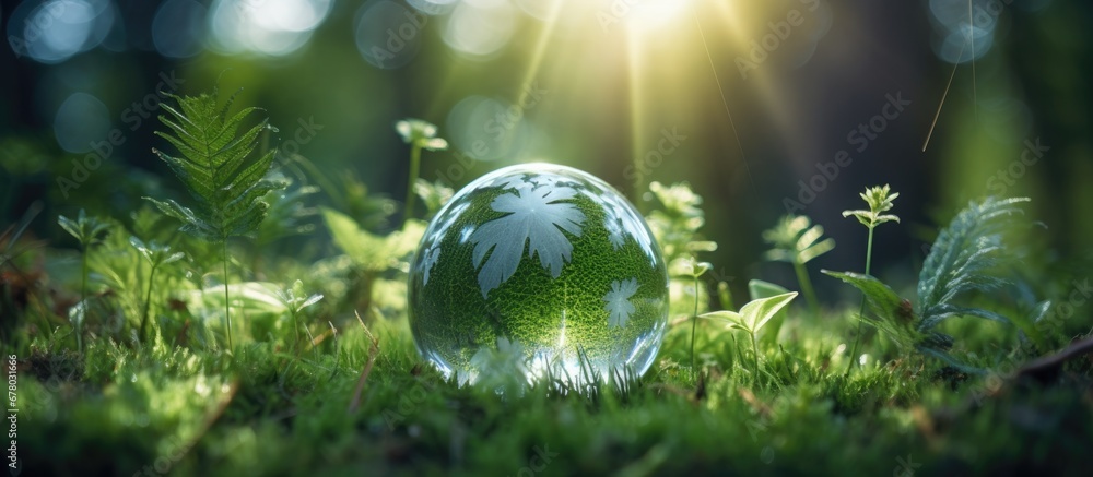 Poster conservation concepts for saving the earth s environment on grass with ferns and sunlight copy space