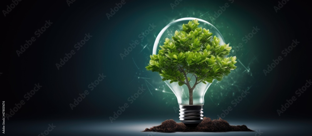 Poster eco concept bulb sprouting green tree copy space image place for adding text or design
