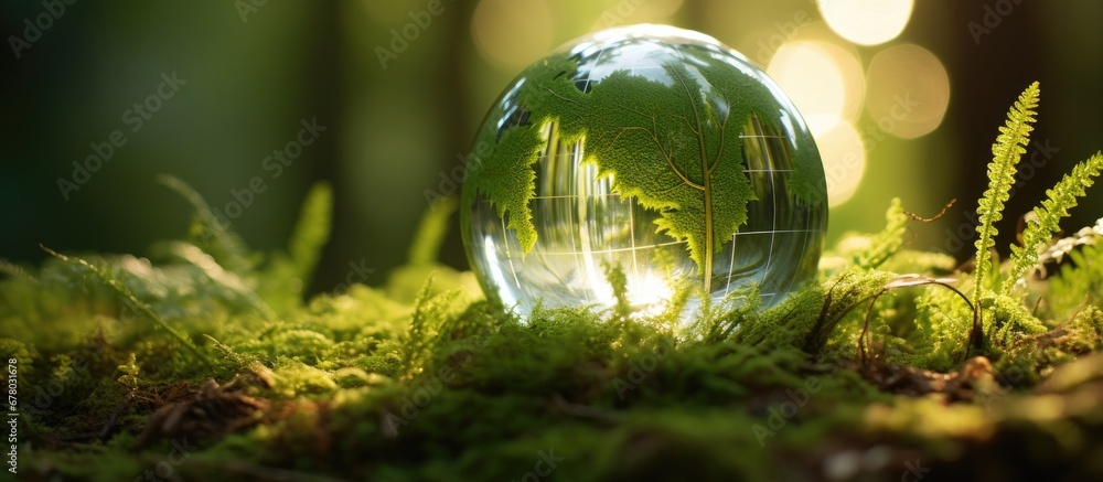 Poster conservation concepts for saving the earth s environment on grass with ferns and sunlight copy space