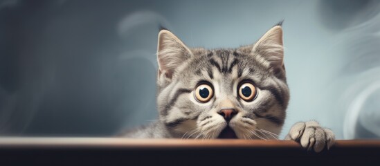 Confused skeptical cat with big eyes unsure expression cute scared kitten puzzled wide eyed portrait Copy space image Place for adding text or design