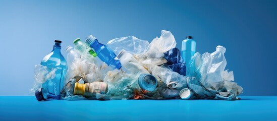 Concept of recycling and reusing plastic Empty plastic bottle and recycled polyester fabric on blue background Environmental protection waste Copy space image Place for adding text or design - obrazy, fototapety, plakaty
