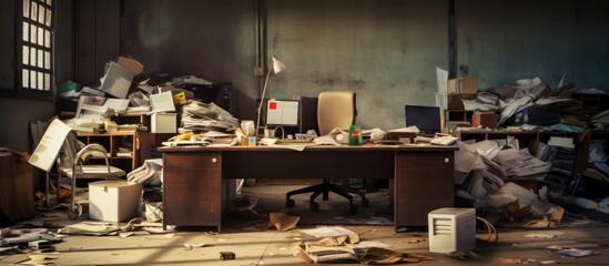 Deserted office post company closure dusty cluttered desk representing financial crisis Copy space image Place for adding text or design - obrazy, fototapety, plakaty