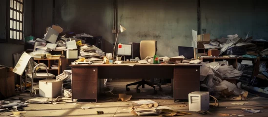 Foto op Plexiglas Deserted office post company closure dusty cluttered desk representing financial crisis Copy space image Place for adding text or design © Ilgun