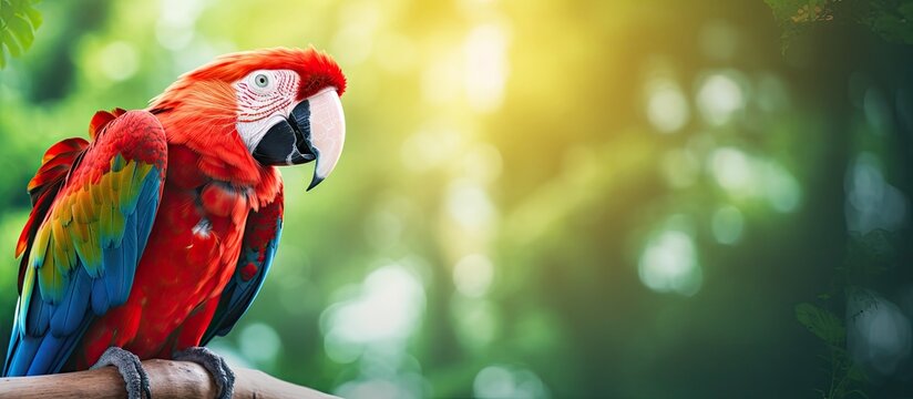 Colorful Scarlet Macaw parrot in jungle habitat Copy space image Place for adding text or design