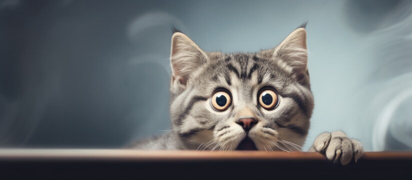 Confused skeptical cat with big eyes unsure expression cute scared kitten puzzled wide eyed portrait Copy space image Place for adding text or design