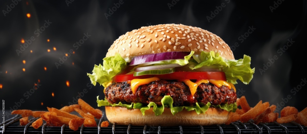 Poster delicious veggie burger with carrot patty on a plain backdrop copy space image place for adding text