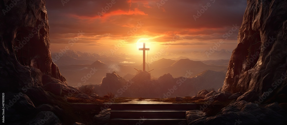 Poster empty tomb at sunrise following crucifixion copy space image place for adding text or design