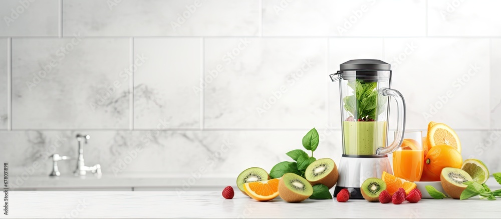 Poster fresh smoothie and blender with ingredients on marble table in kitchen copy space image place for ad