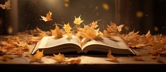 Fall ambiance browsing pages of a book surrounded by maple leaves and dried foliage in a rustic envelope Copy space image Place for adding text or design - obrazy, fototapety, plakaty