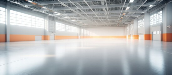 Empty exhibition hall with exhibition stands parking trade show activity meeting arena for entertainment indoor factory showroom 3D render Copy space image Place for adding text or design - obrazy, fototapety, plakaty