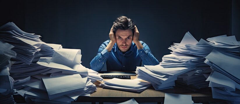 Exhausted and overwhelmed businessman working on a busy desk Copy space image Place for adding text or design