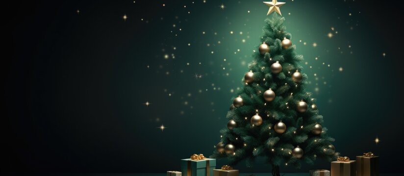 Festive Christmas tree on dark green background holiday greetings New Year winter theme Copy space image Place for adding text or design