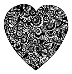 Heart isolated on white background. Black outline. Filled with different patterns. Doodle style. Various lines and other decor. Postcard, symbol, sticker.