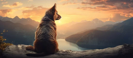 Fotobehang dog resting on mountain during sunset Copy space image Place for adding text or design © Ilgun
