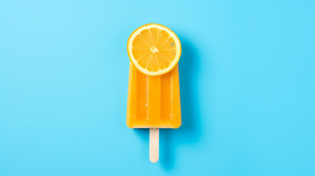 Orange popsicle on blue background. Summer refreshing