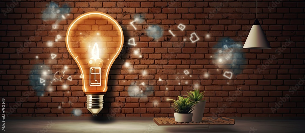 Poster entrepreneurial concepts displayed on brick wall spaceship and business symbols copy space image pla