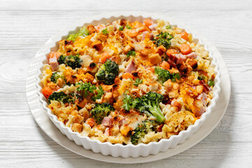 Ham Broccoli Pasta Bake with cheese and croutons