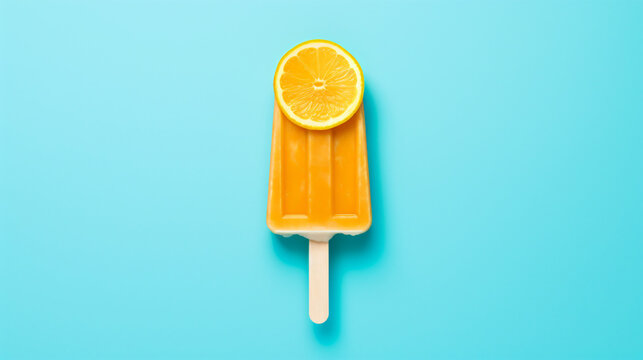 Orange popsicle on blue background. Summer refreshing