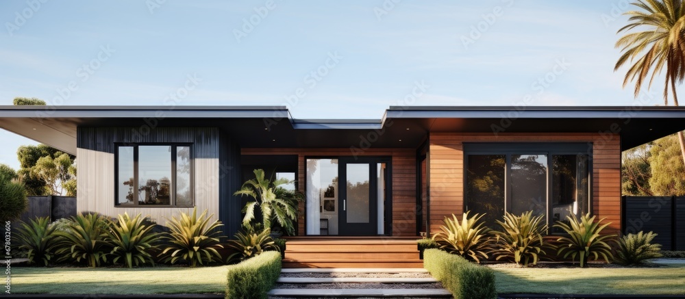 Poster daytime view of a mid century australian house s front exterior copy space image place for adding te