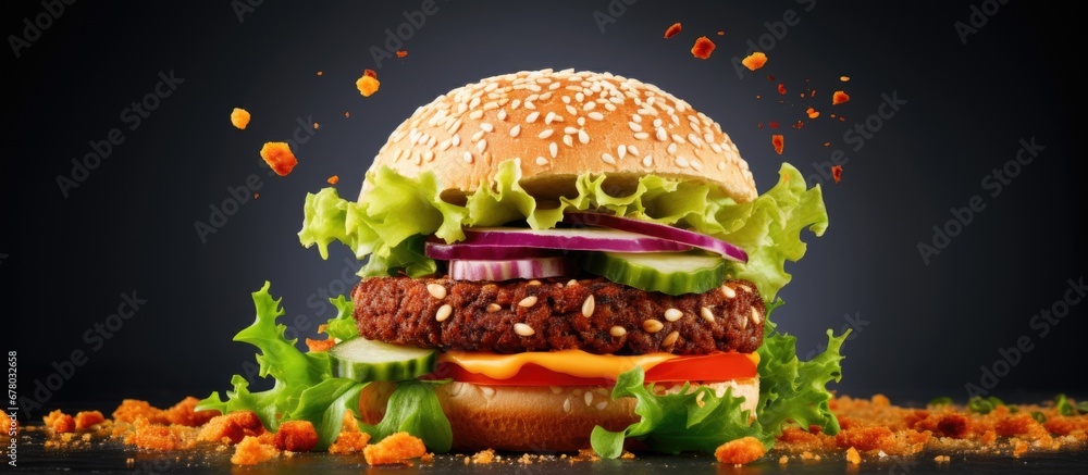Poster delicious veggie burger with carrot patty on a plain backdrop copy space image place for adding text