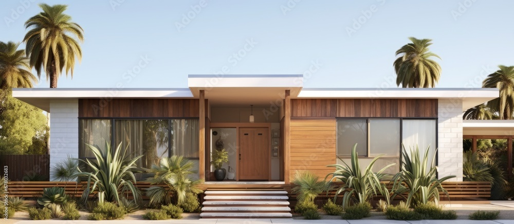 Poster daytime view of a mid century australian house s front exterior copy space image place for adding te