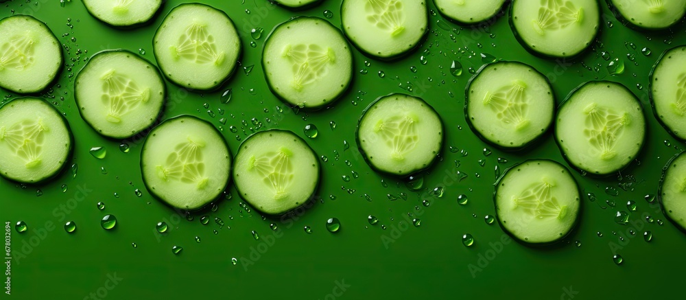 Aufkleber cucumber arranged creatively on a green surface flat lay food idea copy space image place for adding