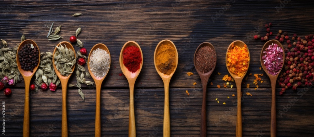 Poster dry colorful spices arranged on rustic table depicting various culinary ingredients such as pepper c
