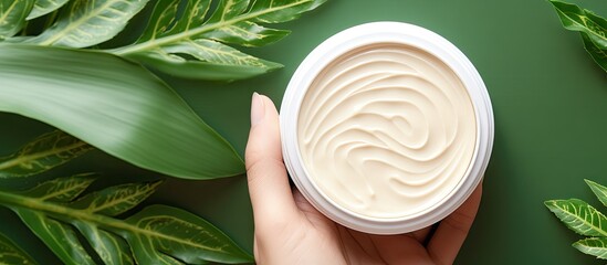Cosmetic cream container with fresh green leafs organic cosmetics concept Copy space image Place for adding text or design
