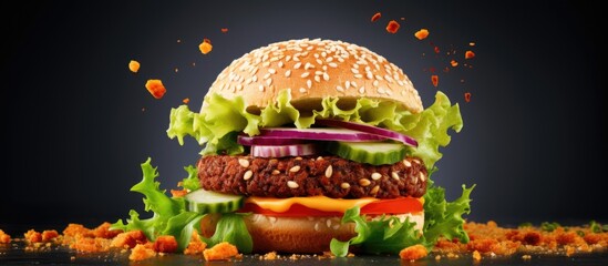 Delicious veggie burger with carrot patty on a plain backdrop Copy space image Place for adding...