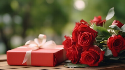 Red roses and gift boxes placed on the table, garden background with evening light, Valentine's Day. Wallpaper.