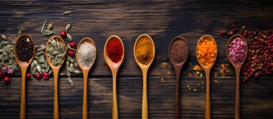Dry colorful spices arranged on rustic table depicting various culinary ingredients such as pepper chili curry saffron and garlic Copy space image Place for adding text or design