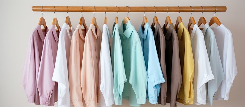 Fashionable pastel clothes in minimalist style for women made of washed linen displayed on a white background suitable for fashion blog website and social media Copy space image Place for addin