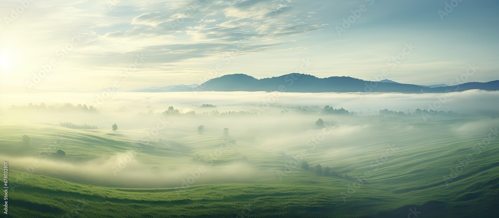 Poster europe s stunning aerial view of a green field at sunrise obscured by enchanting fog copy space imag