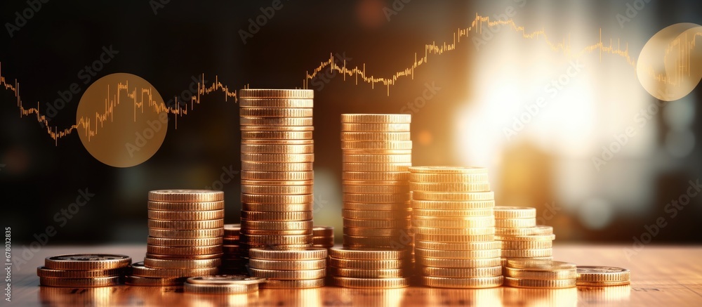 Poster double exposure of a candlestick forex chart with coin stacks symbolizing financial growth and busin