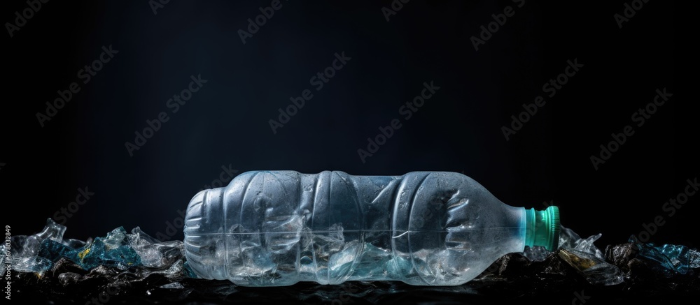 Poster discarded plastic bottle on dark backdrop copy space image place for adding text or design