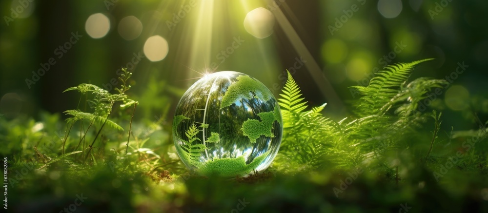 Poster conservation concepts for saving the earth s environment on grass with ferns and sunlight copy space