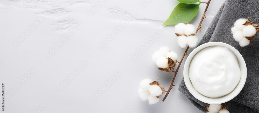 Poster Eco cosmetics branding mock up with blank label featuring natural elements and cosmetic containers on a gray background Copy space image Place for adding text or design