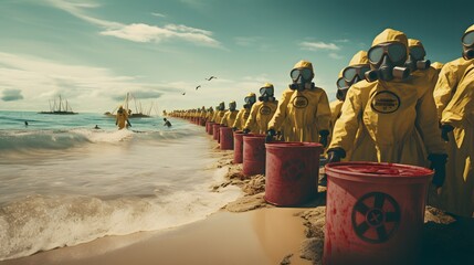 Environmental Protest: People in Hazard Suits Rally Against Nuclear Contamination in the Sea. Activism for Ocean Safety and Anti-Nuclear Advocacy Concept