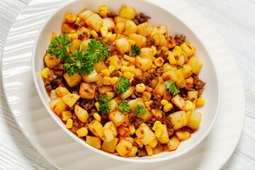 Beef Hash with roasted corn, garlic and parsley