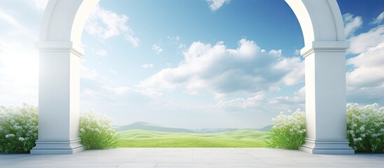 Empty 3D rendered space white arch on green grass at Heaven Meadow Copy space image Place for adding text or design