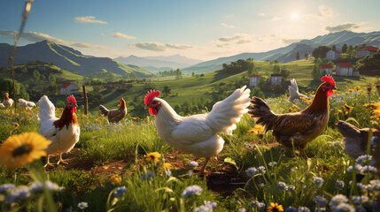 Organic farming with chickens and livestock free - obrazy, fototapety, plakaty