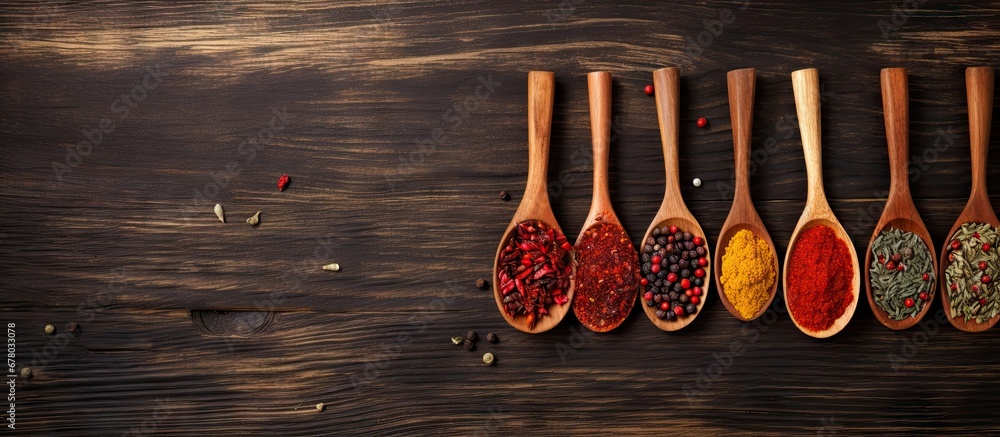 Poster dry colorful spices arranged on rustic table depicting various culinary ingredients such as pepper c